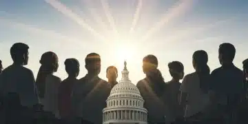 Diverse group of people looking hopefully towards a legislative building, symbolizing 2026 immigration reform.