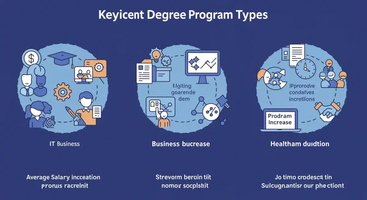 Infographic comparing key metrics of top online degree programs in IT, Business, and Healthcare for 2026.