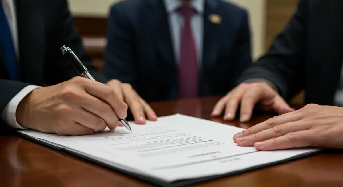 Hands signing an immigration reform legislative document, symbolizing policy enactment.