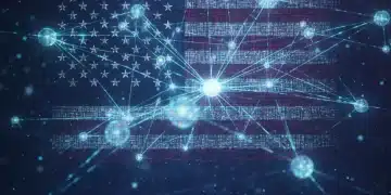 Digital network with American flag overlay, symbolizing the 2026 Cybersecurity Act's national impact on data privacy.