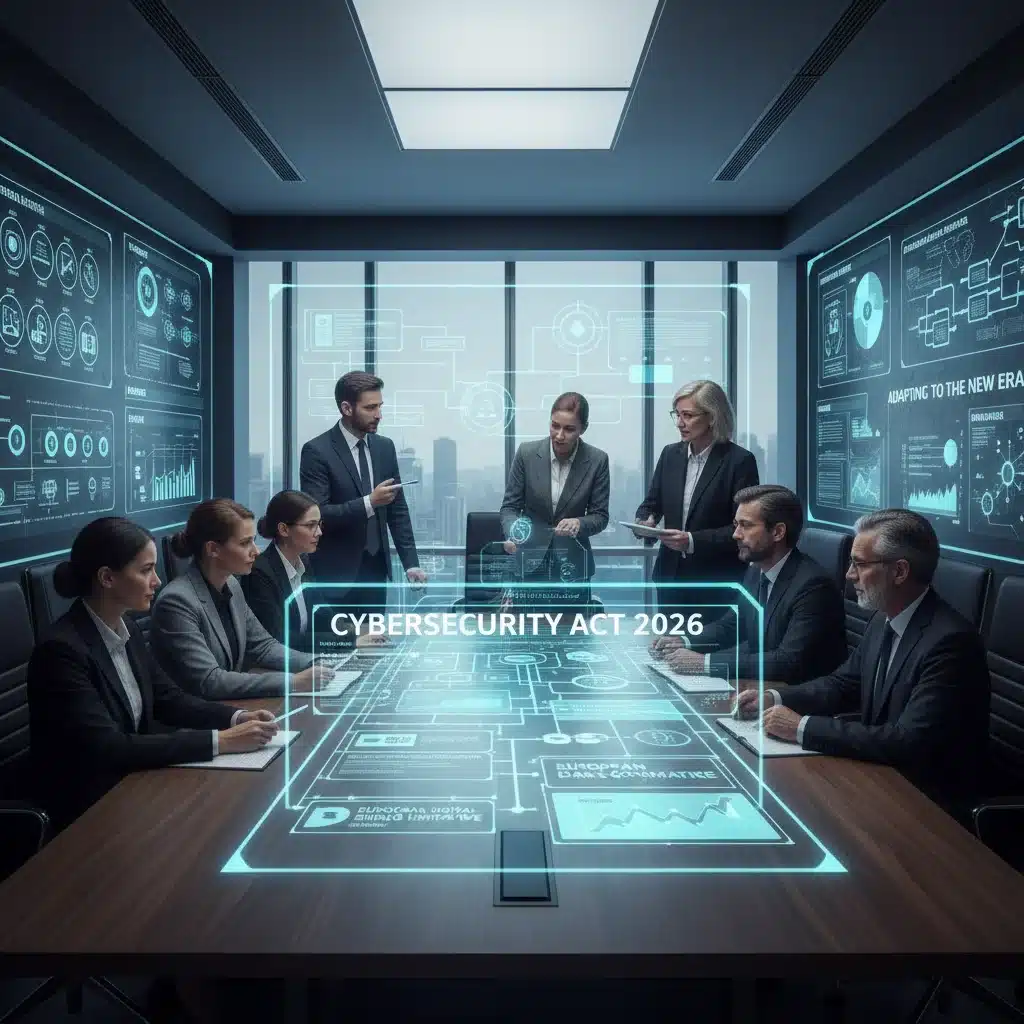 Business professionals discussing data privacy regulations on a holographic display, adapting to the 2026 Cybersecurity Act.