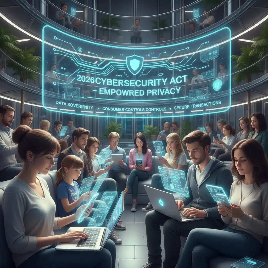 Diverse individuals using devices securely, representing consumer empowerment and digital privacy under the 2026 Cybersecurity Act.