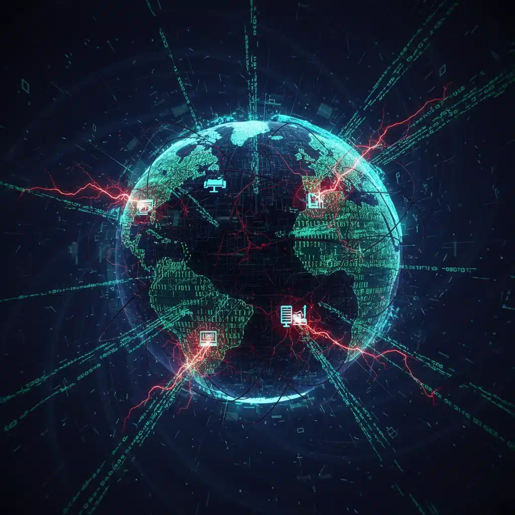 Cyber warfare illustration showing digital attacks on global infrastructure.