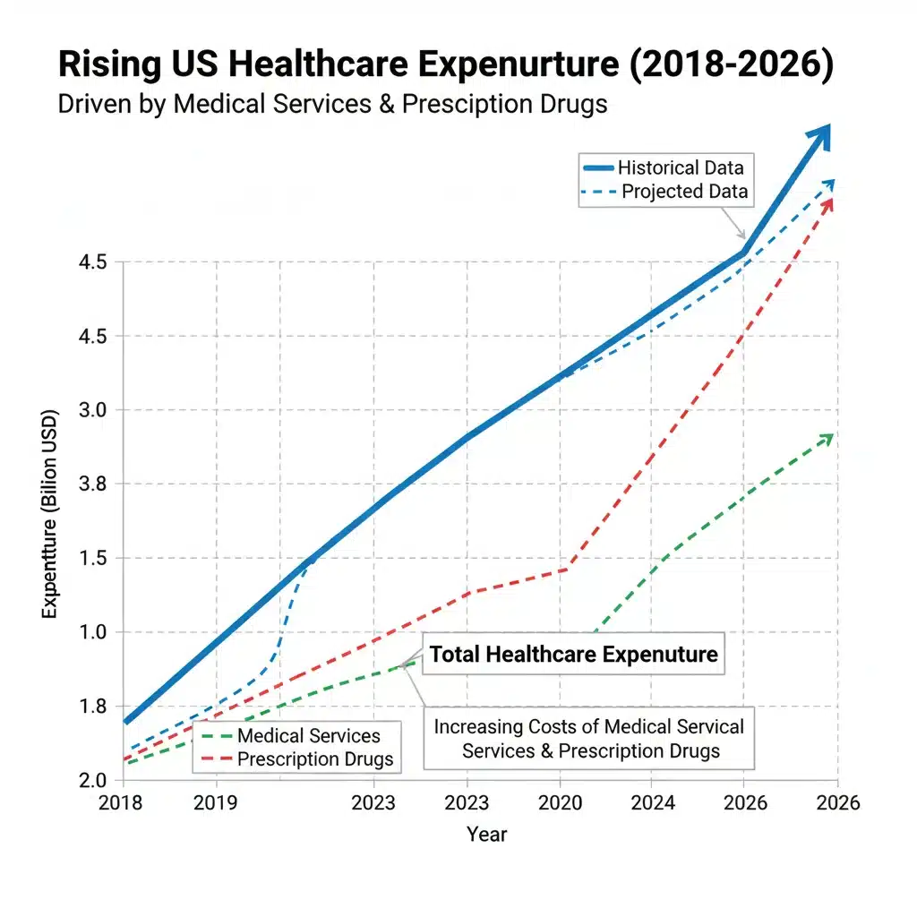 Rising healthcare expenditure graph, illustrating medical cost trends affecting Medicare premiums