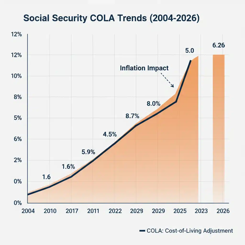 Historical Social Security COLA trend graph with 2026 projection.
