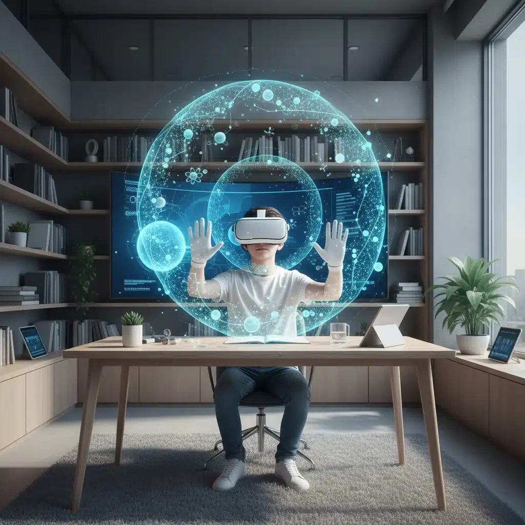 Student using VR for immersive scientific learning in a futuristic setting.