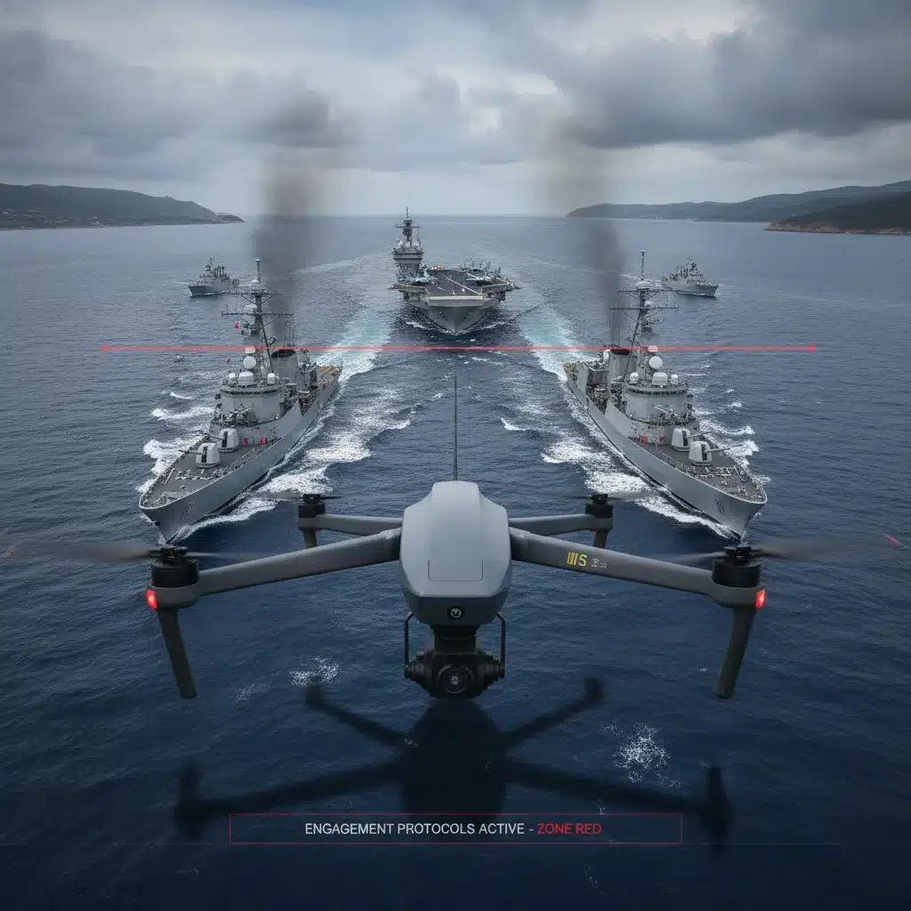 Drone surveillance over contested maritime territory, representing escalating naval tensions.