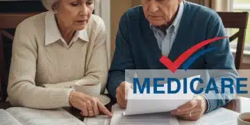 Senior couple reviewing Medicare documents with concern, planning for future premium increases