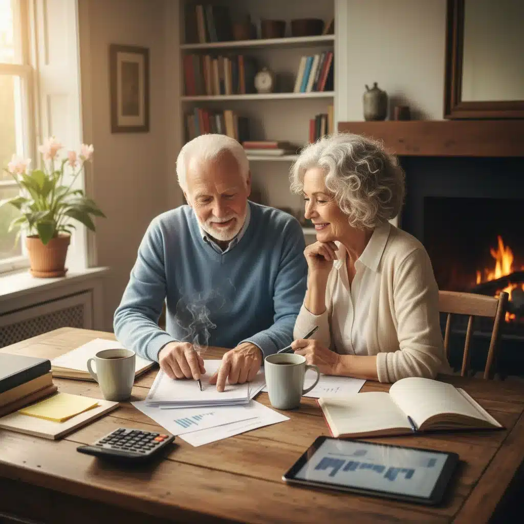 Smiling elderly couple planning retirement finances and reviewing Social Security benefits