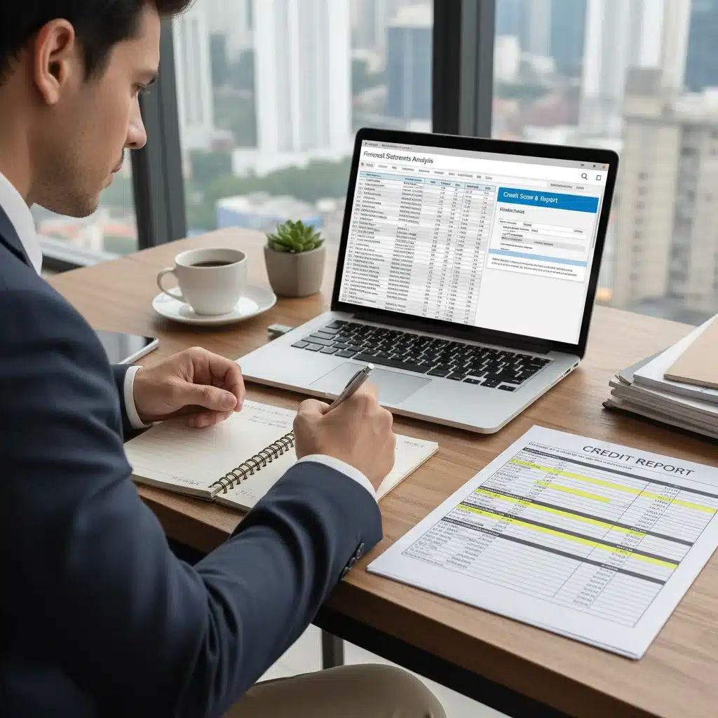 Person reviewing credit report and financial statements on laptop