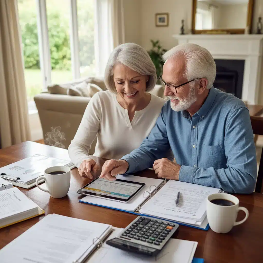 Senior couple reviewing financial plans with tablet.