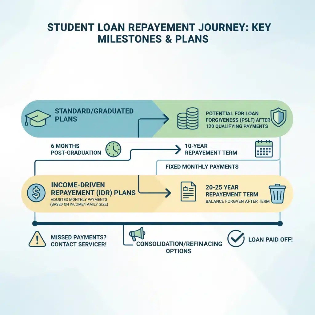 Student loan repayment timeline with various plan options