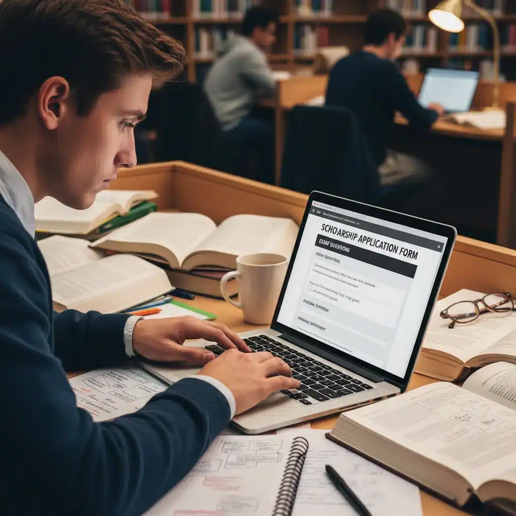 Student diligently working on a scholarship application essay