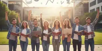 Students celebrating scholarship success on a vibrant university campus