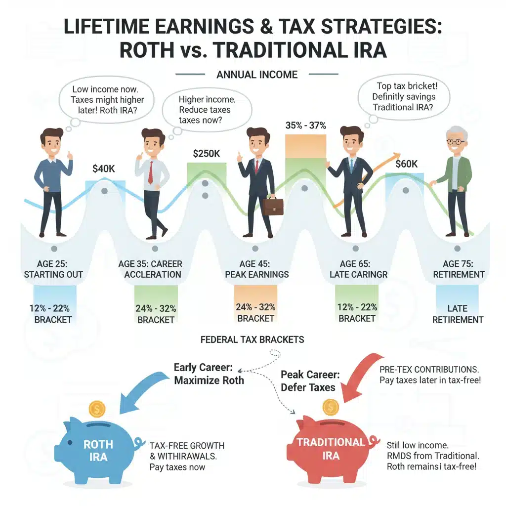 Tax bracket changes over a lifetime, Roth vs Traditional IRA choice