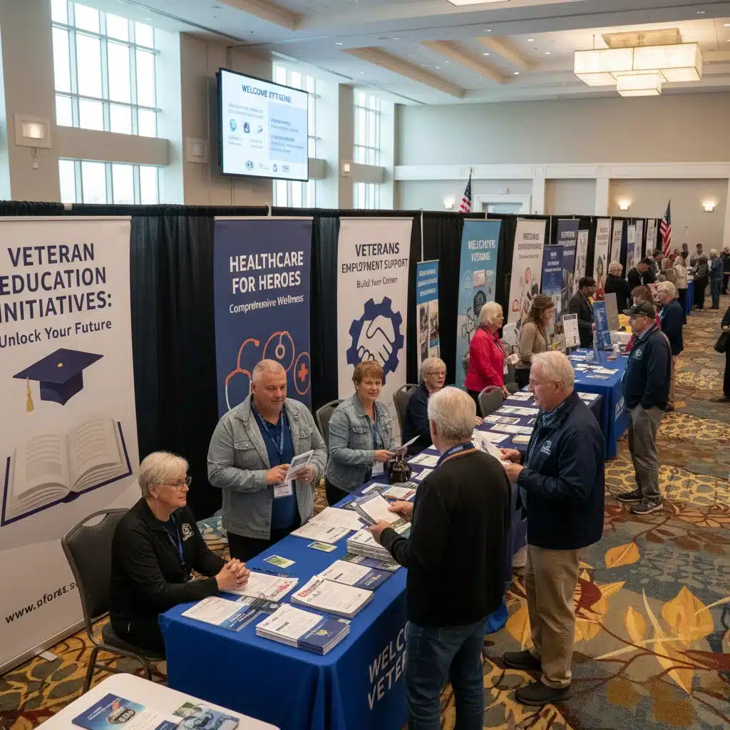 Veterans at a community outreach event, learning about new programs and support services.