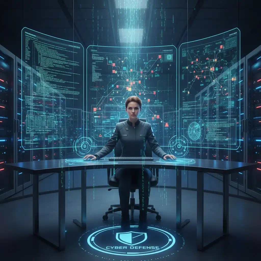 Cybersecurity expert monitoring network activity in a high-tech data center.