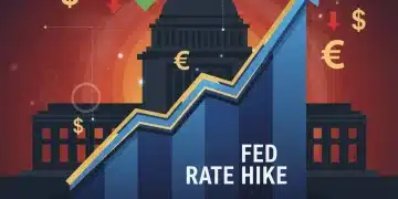 Federal Reserve building with an upward trend line and financial symbols, representing a 2026 interest rate hike.