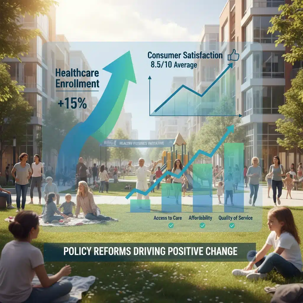 Charts and graphs showing positive trends in healthcare enrollment and consumer satisfaction