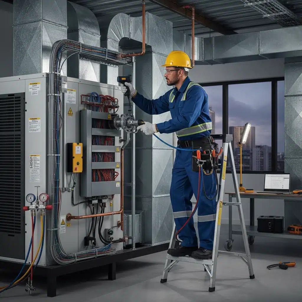 HVAC technician performing maintenance on a commercial air conditioning system.