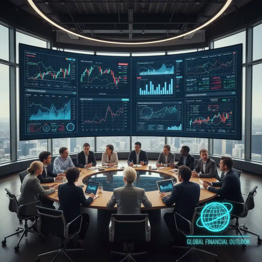 Investors analyzing market data and economic indicators in a collaborative environment.