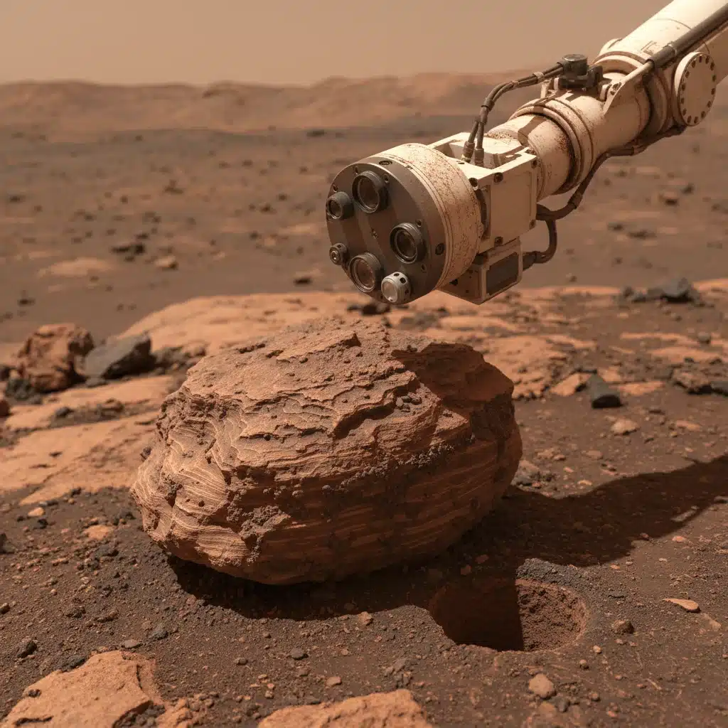 Robotic arm analyzing a Martian rock sample with advanced scientific instruments.