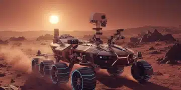Futuristic NASA Mars rover exploring rocky Martian terrain under a reddish sky with Earth in the distance.