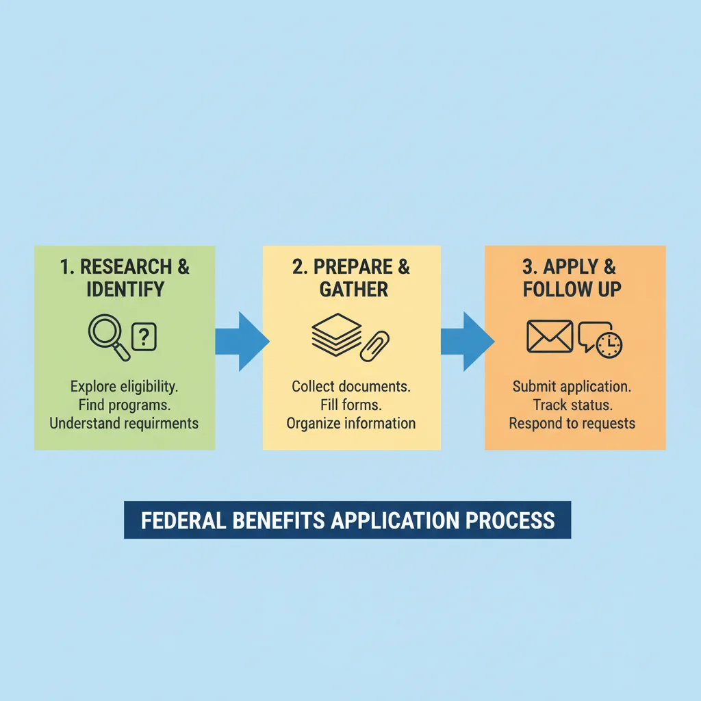 Infographic showing a 3-step process for federal benefits application