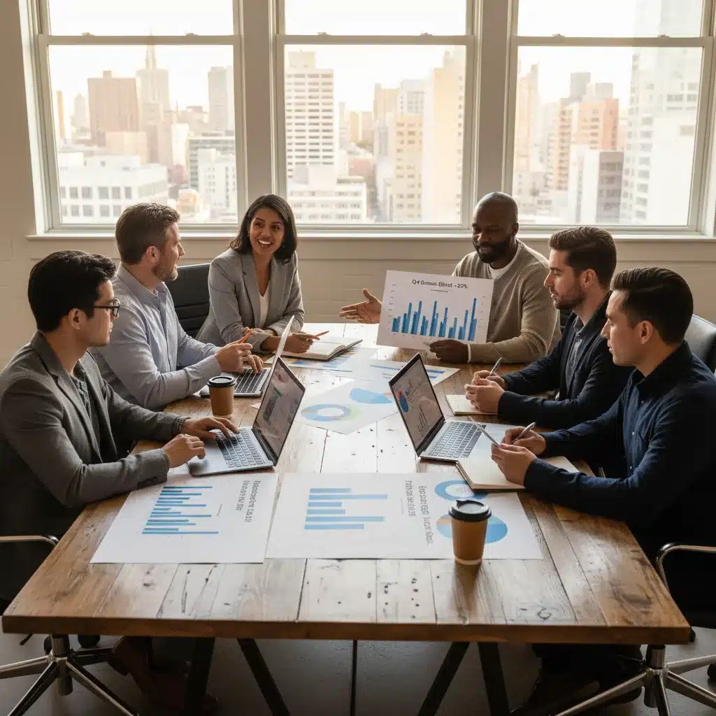 Small business owners collaborating on growth strategies after securing funding