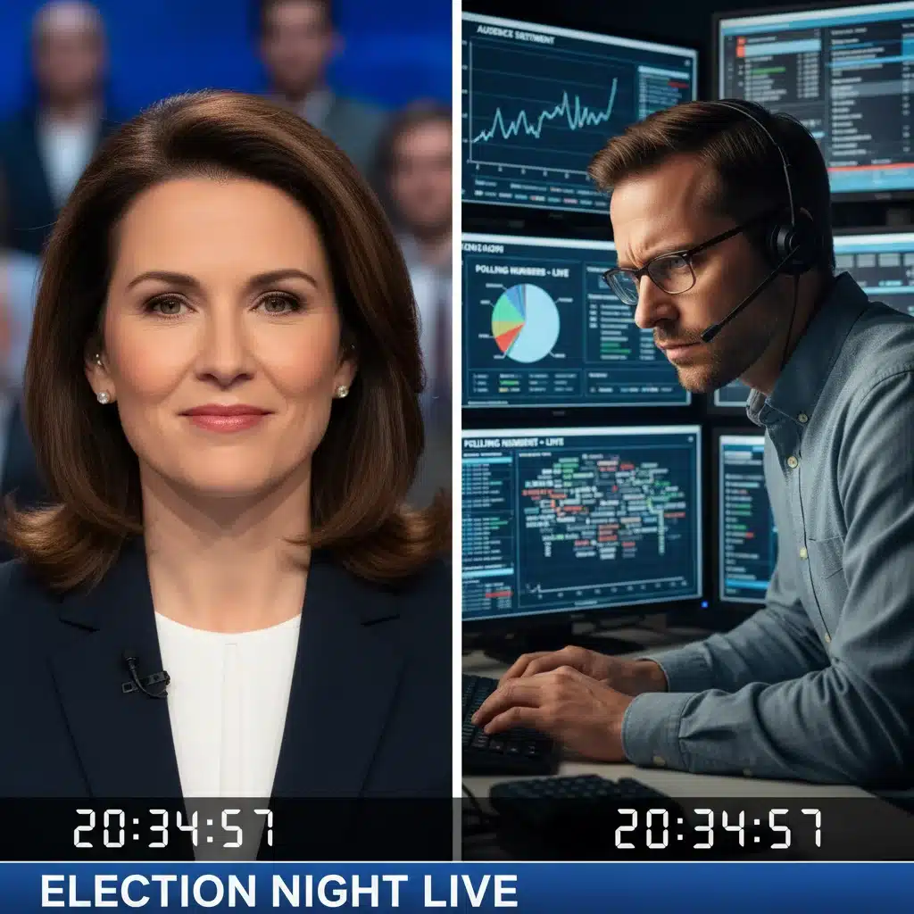 Candidate's confident expression juxtaposed with data analyst tracking live sentiment