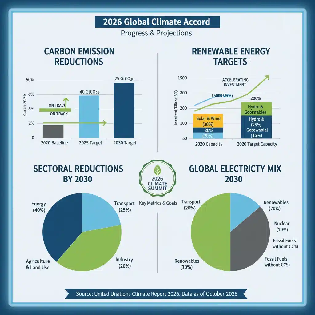 Infographic displaying carbon emission reduction and renewable energy targets from the 2026 summit.