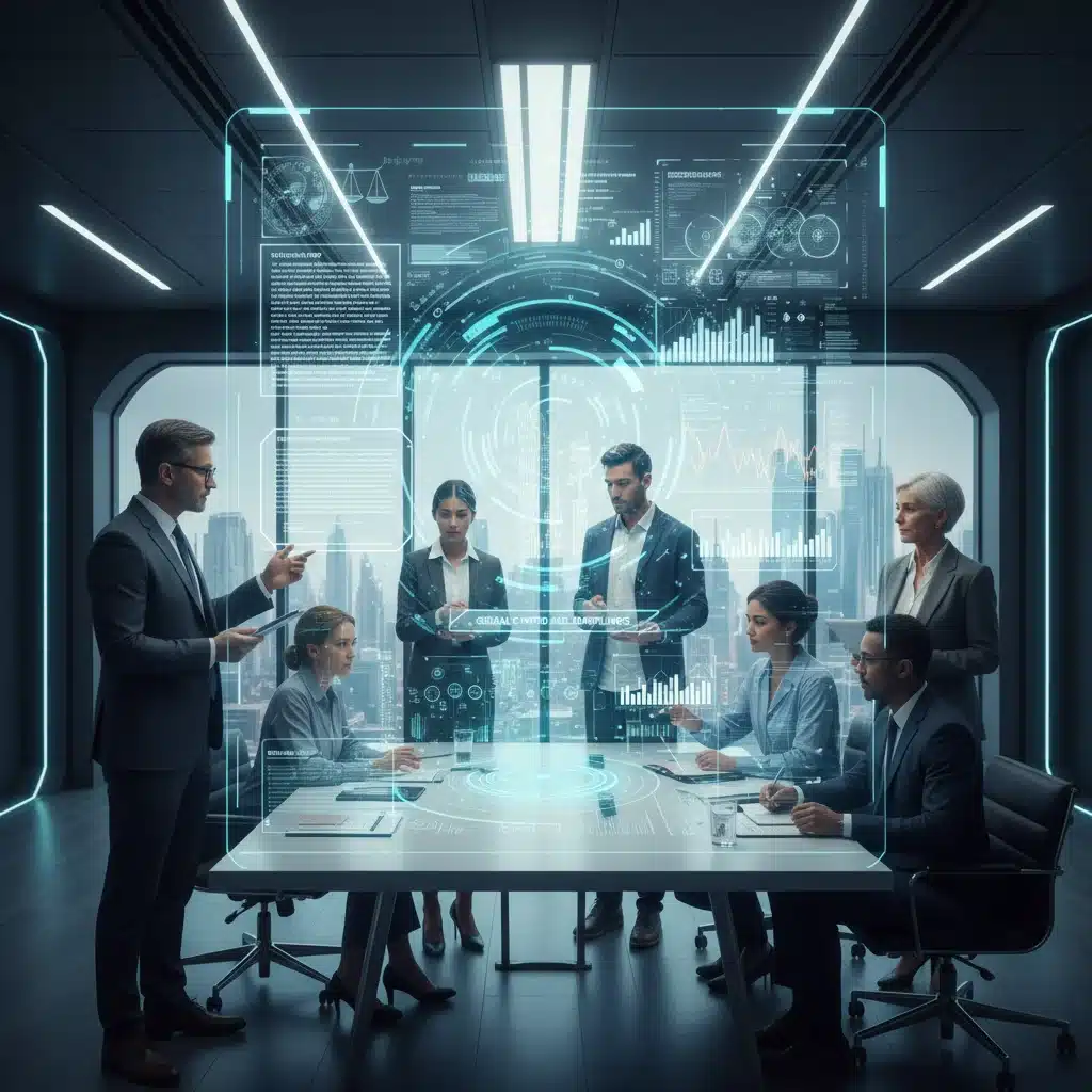 Professionals collaborating on holographic display, symbolizing crypto compliance effort.