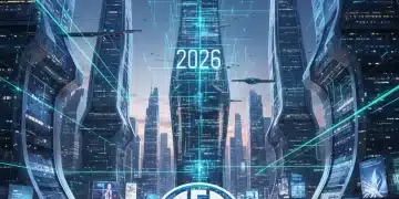 Futuristic digital cityscape with blockchain lines and SEC logo, representing 2026 crypto regulations.