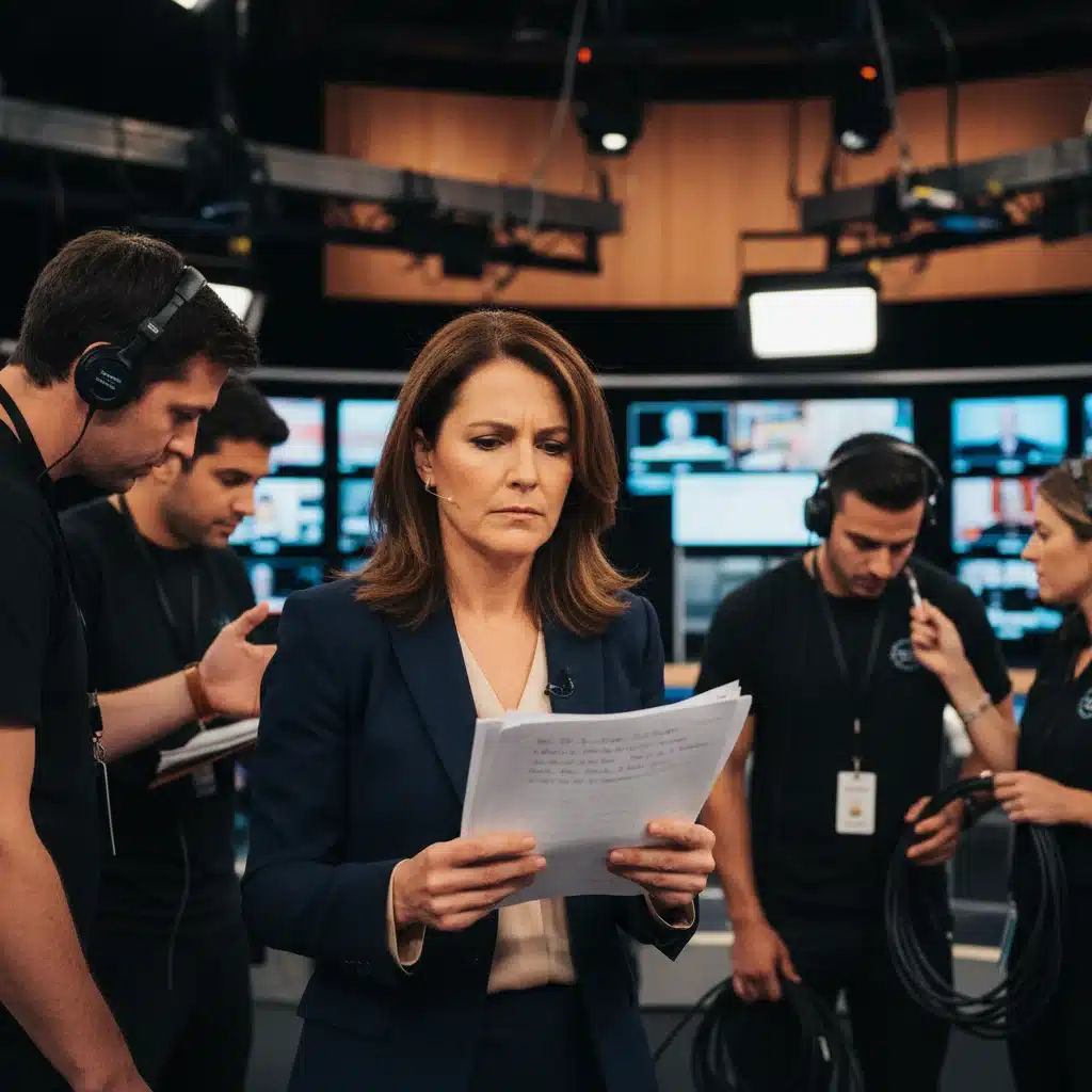 Debate moderator reviewing notes during commercial break