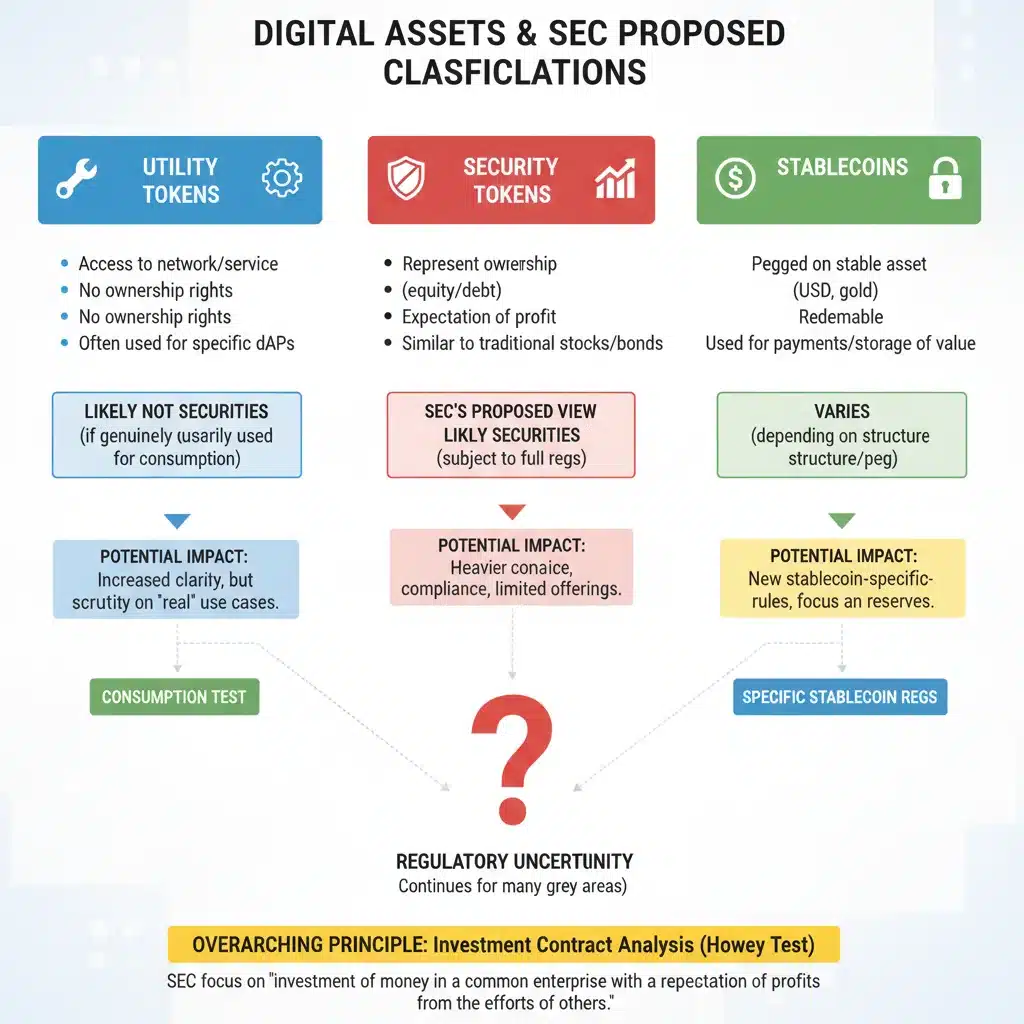Infographic showing various digital asset classifications and SEC regulatory impact.