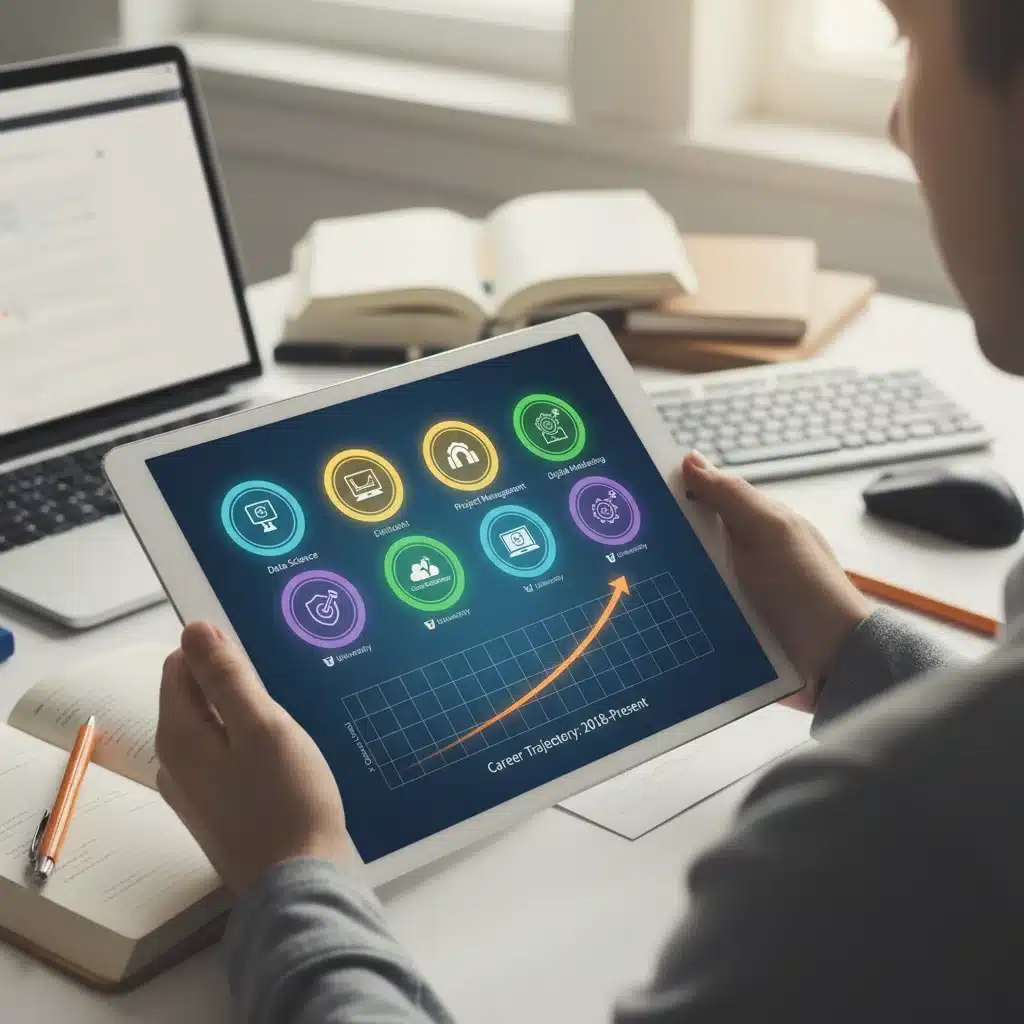 Digital badges and career growth charts on a tablet, symbolizing the impact of certification programs.