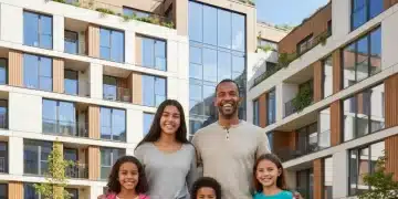 Family smiling outside modern affordable apartment building