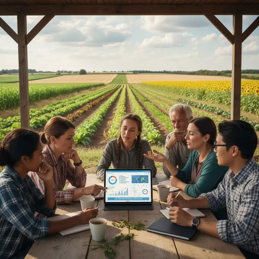 Farmers reviewing data for strategic subsidy utilization and sustainable practices.