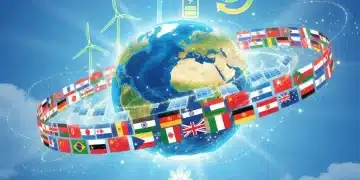 Global cooperation for climate action with national flags and renewable energy symbols.