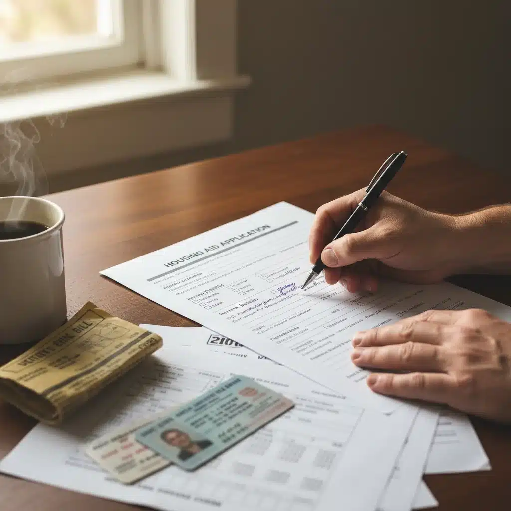 Hands filling out housing assistance application form