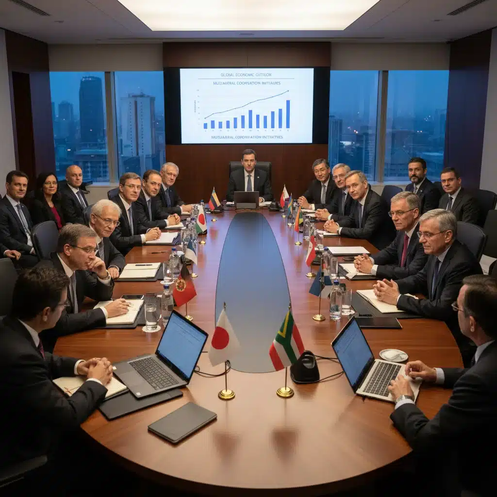 International delegates discussing climate policies at a summit conference table.