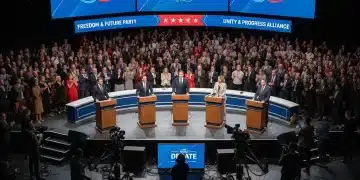 Presidential primary debate stage with candidates and audience