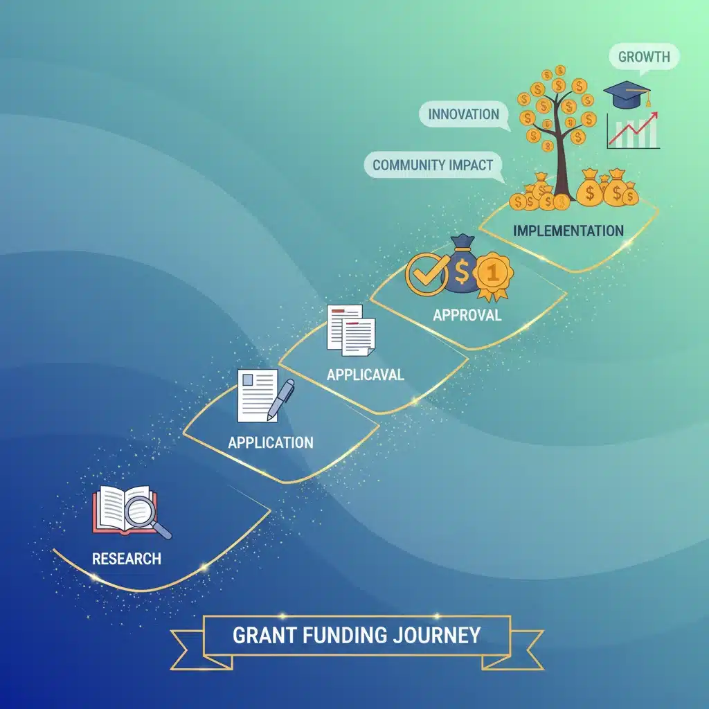 Infographic illustrating the stages of a successful federal grant application and implementation process.