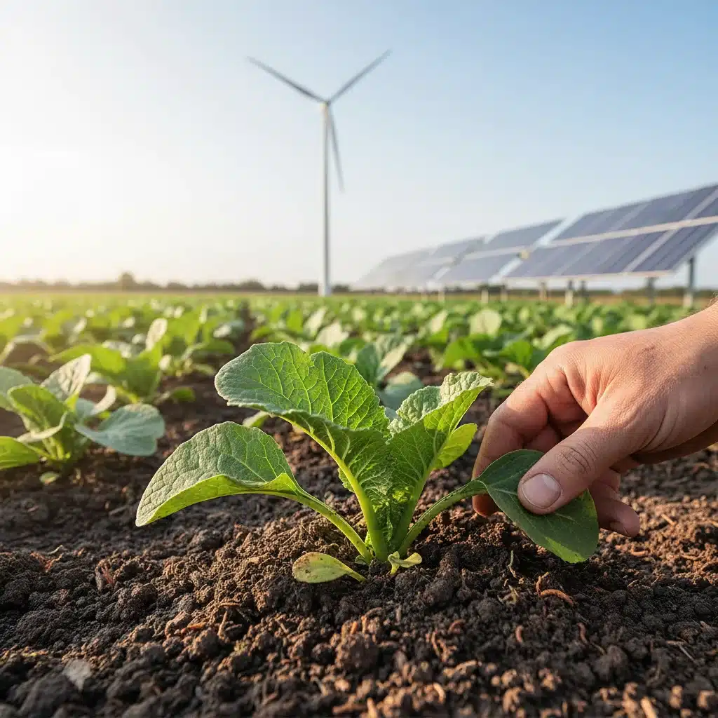 Hand tending to a healthy plant, representing sustainable agriculture and environmental benefits from subsidies.