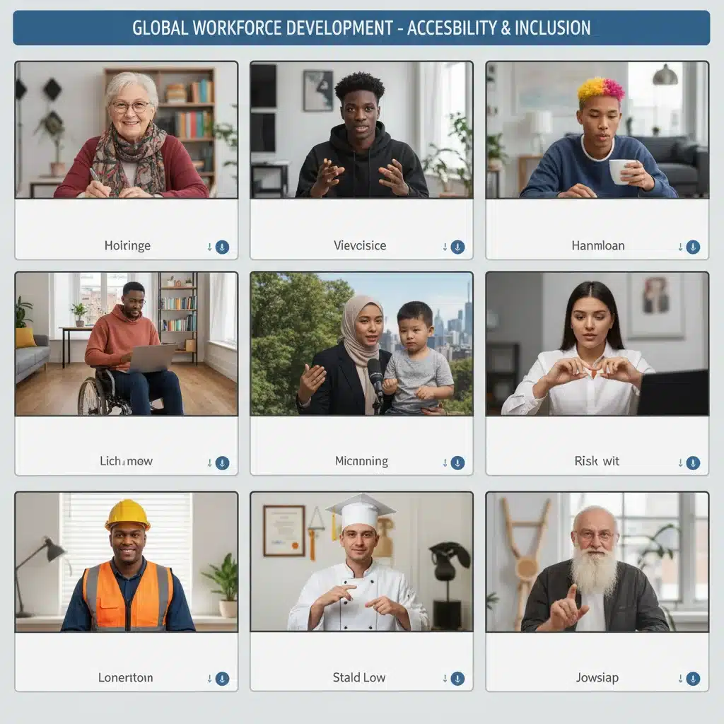Diverse individuals participating in an online workforce development training session, highlighting accessibility.